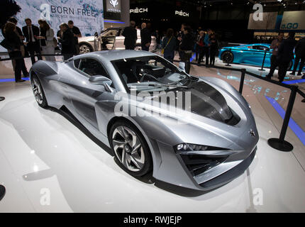 Geneva. 6th Mar, 2019. Photo taken on March 6, 2019 shows the Arcfox-GT electric vehicle at the 89th Geneva International Motor Show in Geneva, Switzerland. Electric cars and hybrid cars are highlights at this year's Geneva International Motor Show, which will open to the public from March 7 to 17. Credit: Xu Jinquan/Xinhua/Alamy Live News Stock Photo