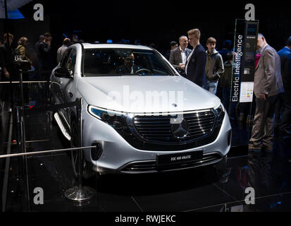 Geneva. 6th Mar, 2019. Photo taken on March 6, 2019 shows the Mercedes-Benz EQC 400 4MATIC at the 89th Geneva International Motor Show in Geneva, Switzerland. Electric cars and hybrid cars are highlights at this year's Geneva International Motor Show, which will open to the public from March 7 to 17. Credit: Xu Jinquan/Xinhua/Alamy Live News Stock Photo