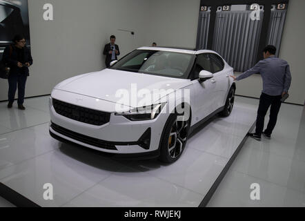 Geneva. 6th Mar, 2019. Photo taken on March 6, 2019 shows the all-electric Polestar 2 at the 89th Geneva International Motor Show in Geneva, Switzerland. Electric cars and hybrid cars are highlights at this year's Geneva International Motor Show, which will open to the public from March 7 to 17. Credit: Xu Jinquan/Xinhua/Alamy Live News Stock Photo