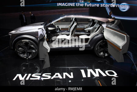 Geneva. 6th Mar, 2019. Photo taken on March 6, 2019 shows the Nissan IMQ crossover concept at the 89th Geneva International Motor Show in Geneva, Switzerland. Electric cars and hybrid cars are highlights at this year's Geneva International Motor Show, which will open to the public from March 7 to 17. Credit: Xu Jinquan/Xinhua/Alamy Live News Stock Photo