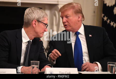 United States President Donald J. Trump (R) chats with Apple CEO Tim Cook at the American Workforce Policy Advisory Board meeting, at the White House, Washington, DC, March 6, 2019. The board consists of 25 members outside government, representing leading companies, academics and elected leaders. Credit: Mike Theiler/CNP | usage worldwide Stock Photo