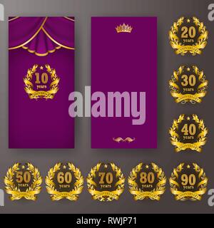 Set of anniversary card, invitation with laurel wreath, numbers. Decorative gold emblem of jubilee on purple background. Stock Vector