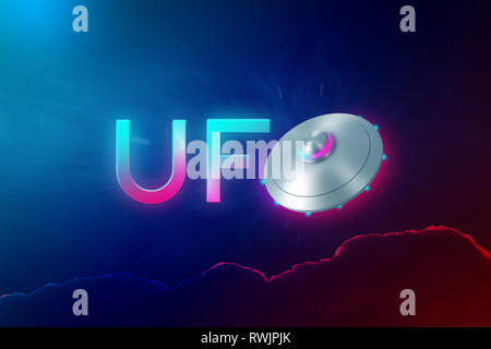 3d rendering of UFO neon sign with silver metal flying saucer instead of letter O on dark blue background Stock Photo