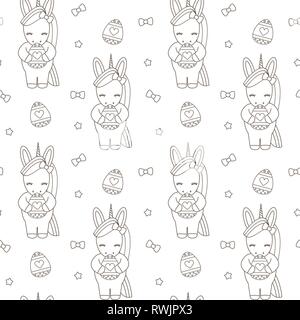 cute cartoon black and white easter unicorn with egg holiday seamless vector pattern background illustration Stock Vector