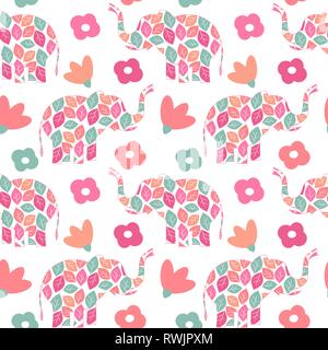 cute colorful abstract seamless vector pattern background illustration with leaves elephants and flowers Stock Vector