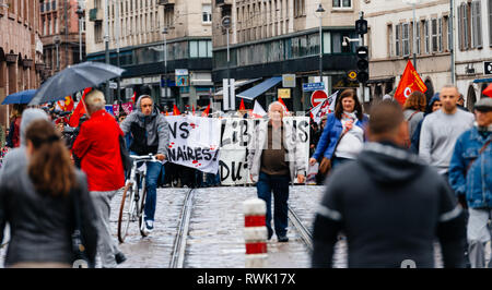 Strasbourg, France - Sep 12, 2017: political march during a French Nationwide day of protest against the labor reform proposed by Emmanuel Macron Government Stock Photo