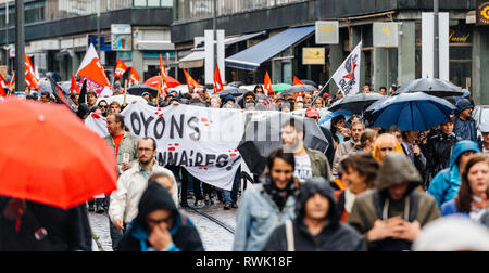 Strasbourg, France - Sep 12, 2017: Citizens at political march during a French Nationwide day of protest against the labor reform proposed by Emmanuel Macron Government Stock Photo