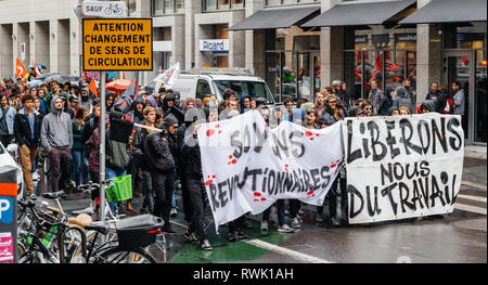 Strasbourg, France - Sep 12, 2017: Wide image of crowd at French Nationwide day of protest against the labor reform proposed by Emmanuel Macron Government Stock Photo