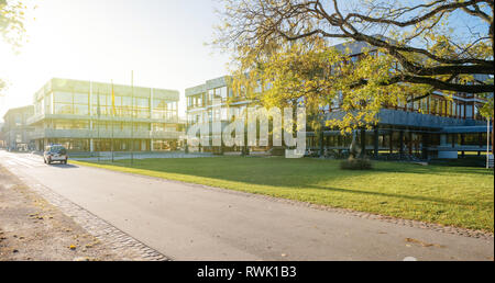 Karlsruhe, Germany - Oct 29, 2017: Police van surveilling  Federal Constitutional Court building Bundesverfassungsgericht the supreme court for the Federal Republic of Germany  Stock Photo