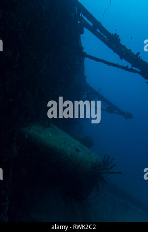 The ship wreck of the Hilma Hooker lying on its starboard side on the reef of the tropical island Bonaire Stock Photo