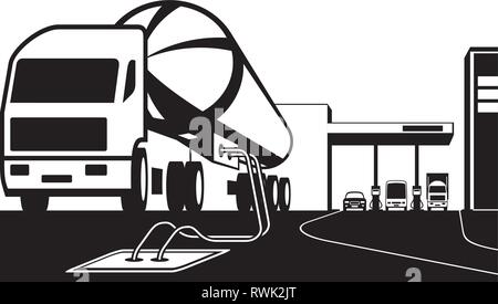 Tank truck loading petrol station with fuel - vector illustration Stock Vector