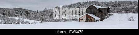Snow-covered barn and trees on a cloudy day; Sutton, Quebec, Canada Stock Photo