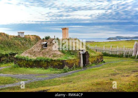 Recreation of a sod-roofed Viking dwelling at L'Anse aux Meadows National Historic Site, l'Anse aux Meadows, Newfoundland, Canada Stock Photo