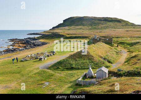 High angle view of the sod-covered Chieftain's Hall, church and blacksmith's shop as well as the surrounding grounds at Norstead Viking Village and Port of Trade, L'Anse aux Meadows, Newfoundland, Canada Stock Photo