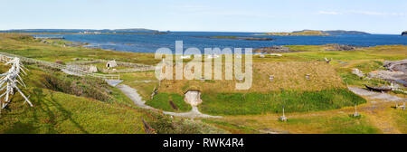 Sod-covered boat house and surrounding grounds at Norstead Viking Village and Port of Trade, L'Anse aux Meadows, Newfoundland, Canada Stock Photo