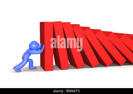 3d man pushing and stopping dominoes falling, isolated on white background, 3D illustration Stock Photo