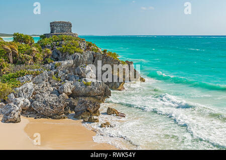 The ruins of Tulum of the Mayan civilization along the Caribbean Sea near the tourism centers of Playa del Carmen and Cancun, Yucatan, Mexico. Stock Photo