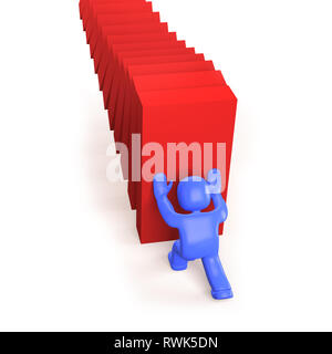 3d man pushing and stopping dominoes falling, high angle view, isolated on white background, 3D illustration Stock Photo