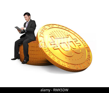 Businessman using digital tablet and sitting on a stack of Bitcoins, isolated on white background. Concept of Bitcoin mining, blockchain technology, c Stock Photo