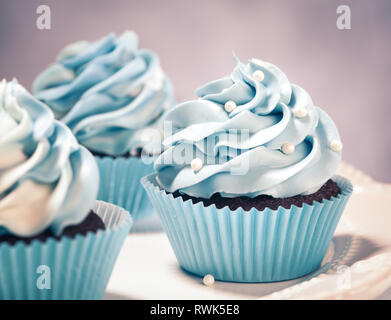 Blue Cupcakes on a plate. Vintage style. Stock Photo