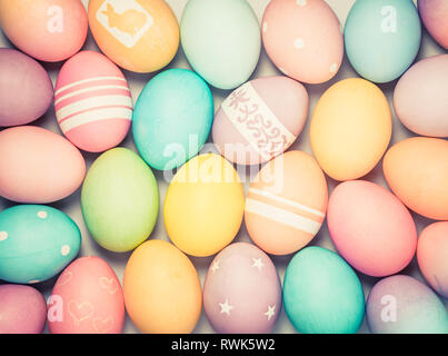 Colorful Easter Eggs background with subtle antique vintage toning effect. Stock Photo