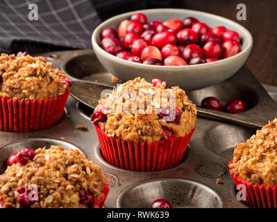 Freshly baked cranberry muffins with oatmeal crumble topping in a rustic muffin tin. Stock Photo