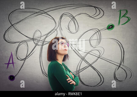 Confident woman arms crossed wearing glasses looking up trying to find the correct way from one point A to another B. Solving problem, search for solu Stock Photo