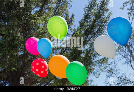 colorful balloons with russian text means Happy birthday and fir tree with blue sky on background Stock Photo