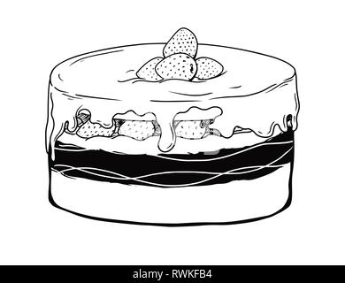 Sketch a cake with strawberries. Cake isolated on white background. Vector Stock Vector