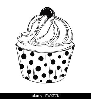 Sketch cupcake with cream isolated on white background. Vector Stock Vector