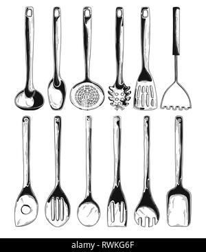 Kitchen utensils. Different spoons and other accessories. Isolated vector illustration on white background. Stock Vector