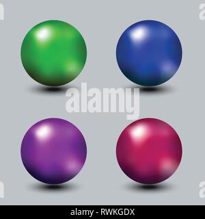 Set of realistic metal or glass bright color spheres, red, blue, green vector balls. Stock Vector