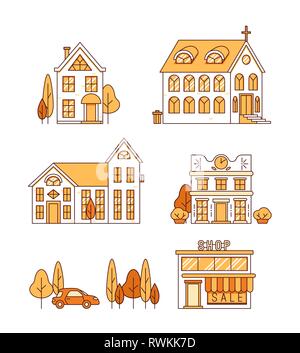 Line art, set of houses, church and shop, cityscape concept, vector Stock Vector