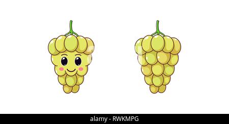 Cute Kawaii Grape, Cartoon Ripe Berries. Vector illustration, Cartoon Bunch of White Grapes with Kind Eyes and Smile, Funny Emoji. Juicy Fruity Sticke Stock Vector