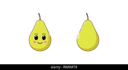 Cute Kawaii Pear, Cartoon Ripe Fruit. Vector illustration of Cartoon Green Pear with Kind Eyes and Smile, Funny Emoji. Juicy Fruity Sticker. Child Pri Stock Vector