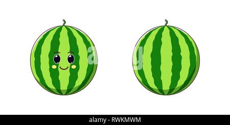 Cute Kawaii Watermelon, Cartoon Ripe Fruit. Vector illustration of Cartoon Sweet Watermelon with Kind Eyes and Smile, Funny Emoji. Juicy Tasty Sticker Stock Vector