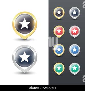 Pointer icons with metallic gold and silver border, a star symbol inside. Vector location pins isolated on white background. Stock Vector