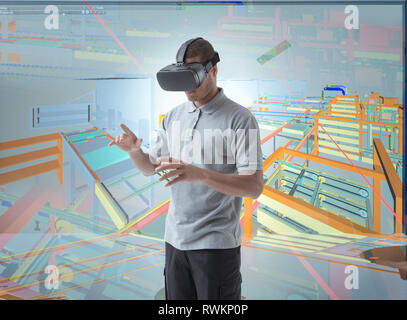 Composite image of engineer using virtual reality headset in VR suite