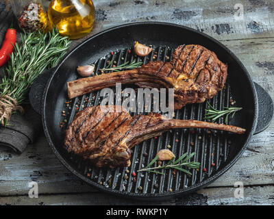 grilled roast lamb veal ribs loin on the grill pan, spices , chops Stock Photo