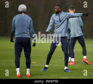 Chelsea's Antonio Rudiger during the training session at Cobham Training Ground, London. Stock Photo