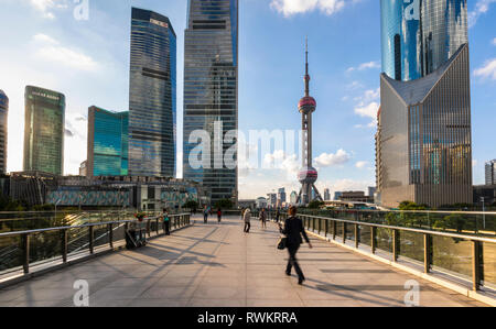 Pudong skyline with Oriental Pearl Tower from elevated walkway, Shanghai, China Stock Photo