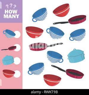 How many counting game with kitchen pictures for kids, educational maths task for the development of logical thinking, preschool worksheet activity Stock Vector
