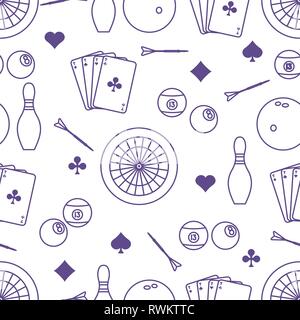 Seamless pattern with bowling pins and bowls, target and arrows for darts, playing cards, billiard balls. Sports background. Design for banner, poster Stock Vector