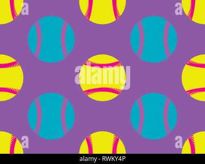 Baseball ball seamless pattern. Bright colors, yellow, blue and purple. Zine culture. Vector illustration Stock Vector