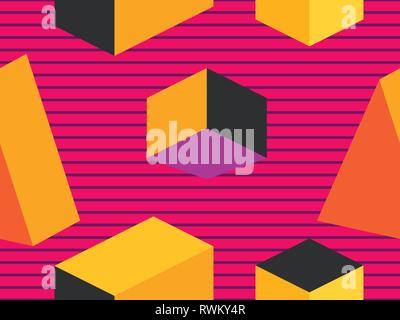 Geometric shapes in isometric style. Futuristic seamless pattern. Retrowave. Vector illustration Stock Vector