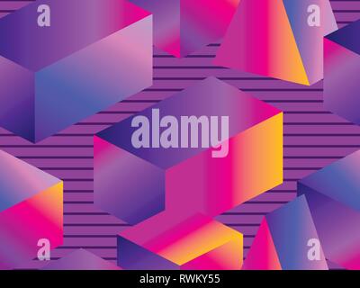Futuristic seamless pattern with geometric shapes. Isometric 3d objects. Purple and blue gradient. Retrowave. Vector illustration Stock Vector