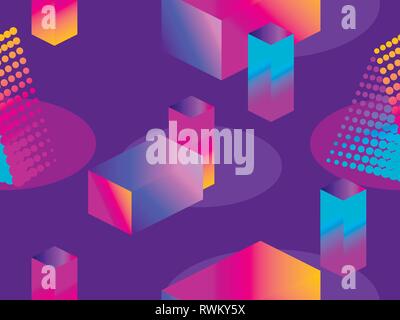 Futuristic seamless pattern with geometric shapes. Isometric 3d objects. Purple and blue gradient. Retrowave. Vector illustration Stock Vector