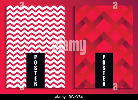 Zigzags on red background poster set. Fashion background.  Brochure design templates. Vector illustration Stock Vector