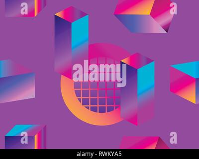 Geometric shapes in isometric style with gradient. Futuristic seamless pattern. Retrowave. Vector illustration Stock Vector