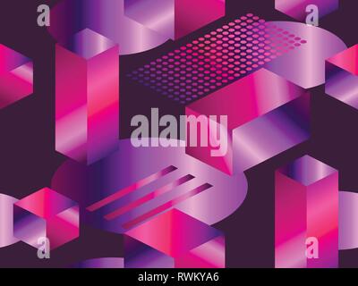 Geometric shapes in isometric style with gradient. Futuristic seamless pattern. Retrowave. Vector illustration Stock Vector